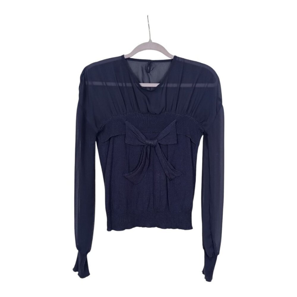 Moods of Norway Blue Blouse w/Bow Size XS Sheer Top Sweater Bottom Pullover